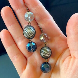 Elegant Dangle Earrings with Chainmail Pearl, Crystal Beads 2.5”